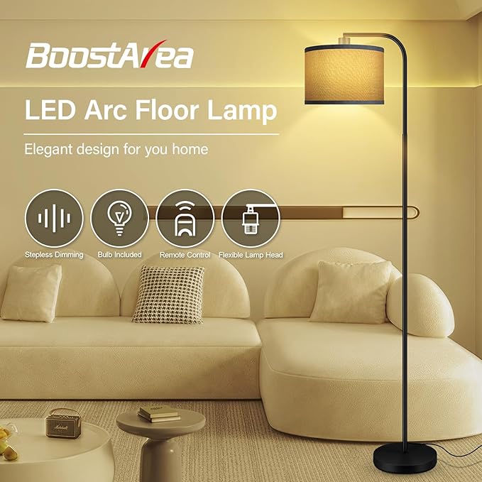 BoostArea Dimmable Floor Lamp for Living Room,Arc Sofa Lamps with Remote Control,Stepless Dimmable & Colors Temperature 2700k-6500k,67 in,Tall Modern Standing Lamp for Bedroom Study Room Office,Grey