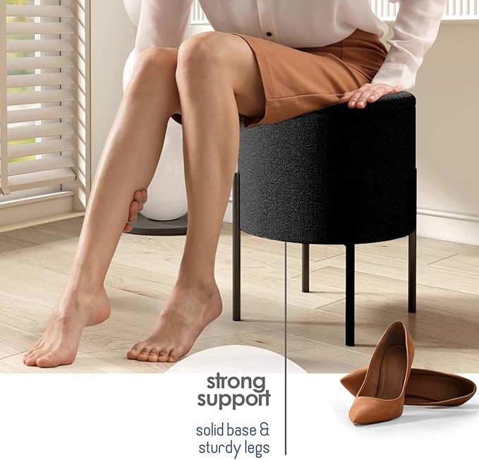 StorageBud Round Ottoman with Storage, Boucle Storage Ottoman, Foot Stool Ottoman, Makeup Vanity Stool, Small Ottoman Foot Rest, Modern Ottomans for Living Room and Bedroom, Black