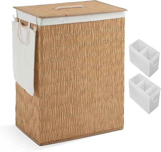 Laundry Hamper with Lid, 55.5 Gallon (210L), Large Handwoven Rattan Laundry Basket, 3 Section Clothes Hamper with Handles, 2 Removable Liner and Side Pocket, Natural
