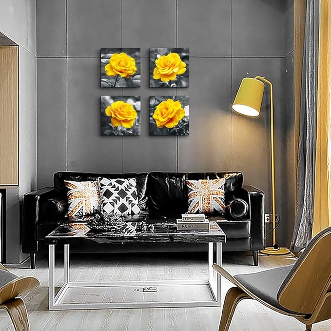 Canvas Wall Art For Living Room Family Wall Decor For Bedroom Modern Kitchen Wall Decorations Black And White Wall Pictures Artwork Yellow Rose Flowers Canvas Art Prints Large Size Home Decor 4 Piece