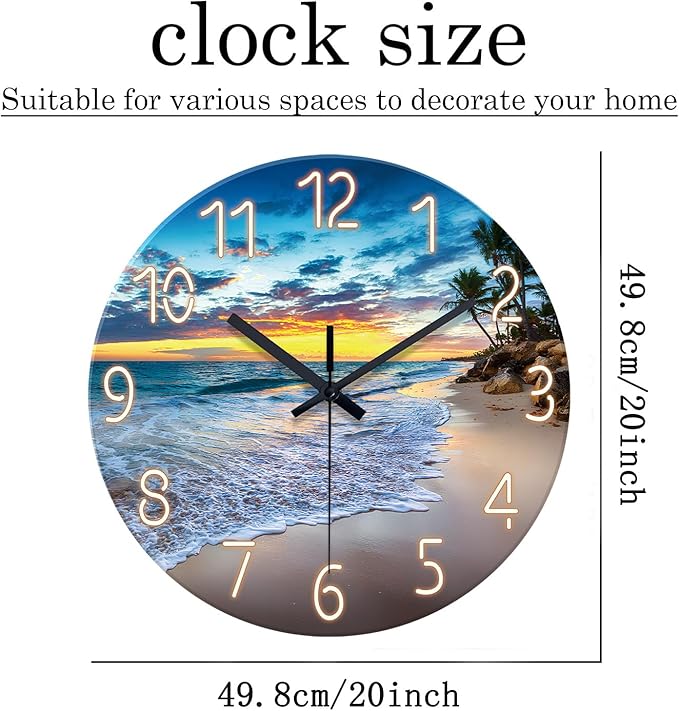 Glass Beach Wall Clock for Living Room Large Clocks for Walls Non Ticking Wall Clock Battery Operated 20 Inch