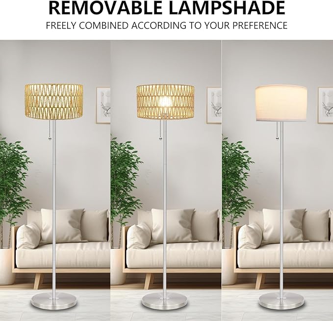 Floor Lamp for Living Room with App Remote Control and Dimmable Bulb(16 Million Colors Temperatures),Rattan & Fabric Double Shades Farmhouse Lamps,Boho Standing Tall Bedroom,Office