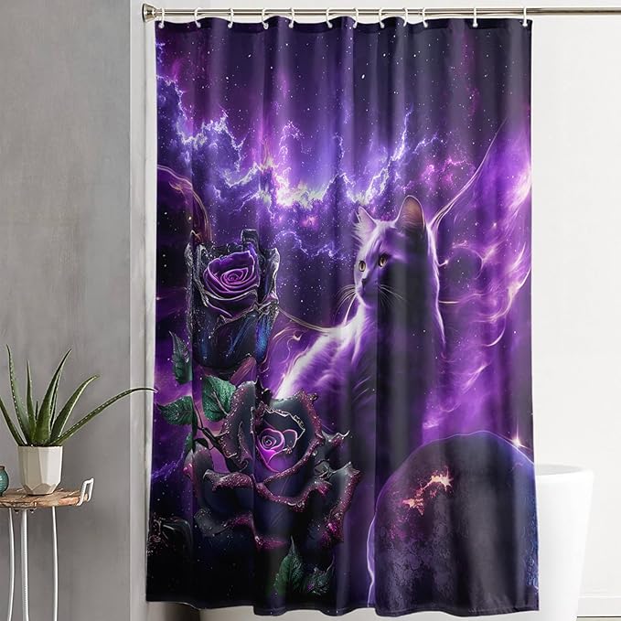 AILONEN 3D Cat Shower Curtain Set, Oil Purple Rose with Black Cat Cloth Bath Curtain for Kids Boys Girls,Boho Starry Night Shower Curtain for Bathroom,72" W*84" H