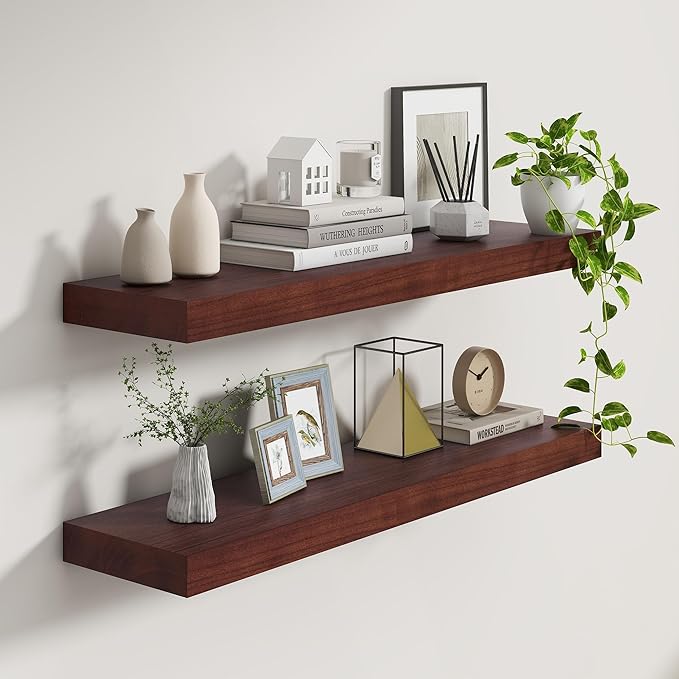 Fun Memories Deep Floating Shelves, Solid Wood Floating Shelves Wall Mounted, 9.3" Deep Floating Shelf for Living Room, Bedroom, 36 x 9 Large Wall Shelves for Books, Walnut Color, Set of 2