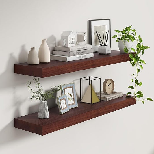 Fun Memories Deep Floating Shelves, Solid Wood Floating Shelves Wall Mounted, 9.3" Deep Floating Shelf for Living Room, Bedroom, 36 x 9 Large Wall Shelves for Books, Walnut Color, Set of 2