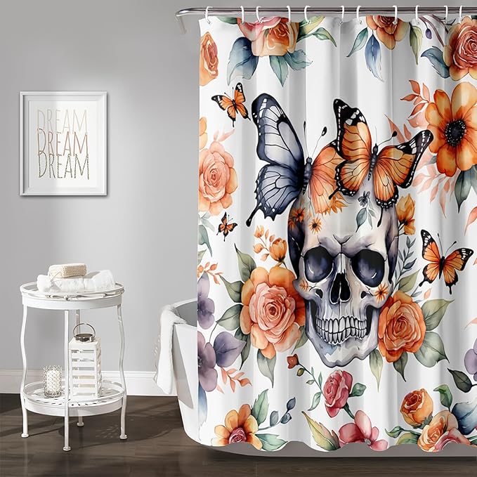 AILONEN 3D Sugar Skull Shower Curtain,Sunflower with Skeleton Design Shower Curtain Set with Hooks for Boys Girls,Butterfly Gothic Skull Waterproof Fabric Shower Curtain for Bathroom,72" W*72" H