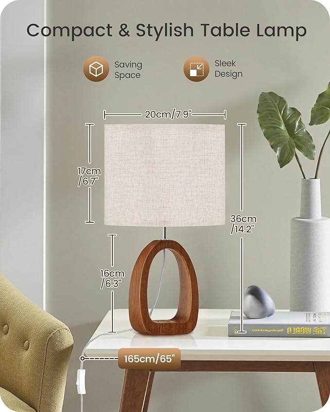 Small Table Lamp, Wood Bedside Lamp with Linen Lampshade, Modern Nightstand Lamp, Cute Desk Lamp for Living Room, Bedroom, E26 Base, Bulb Not Included, Beige and Dark Natural LE07TL05