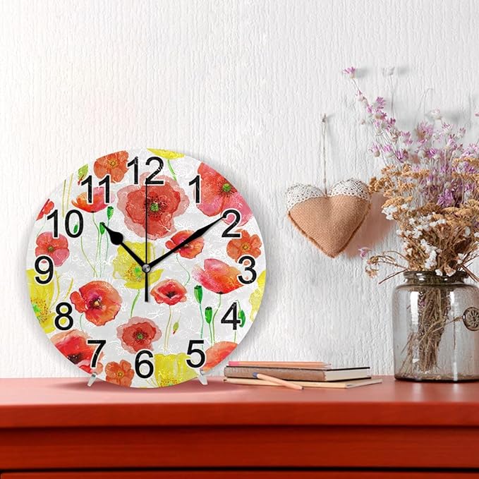 Yellow Red Poppy Flowers Wall Clock Non Ticking Silent Kitchen Clock Large Battery Operated Clocks 10 inch for Living Room Bedroom Decor