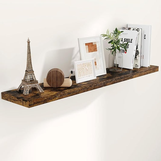 55 Inch Brown Floating Shelves, 9.3 Inch Deep Wall Mounted Floating Shelf, 55 x 9.3 Large Storage Wall Shelf for Living Room, Floating TV Stand, Farmhouse Rustic 55" Long Fireplace Mantel