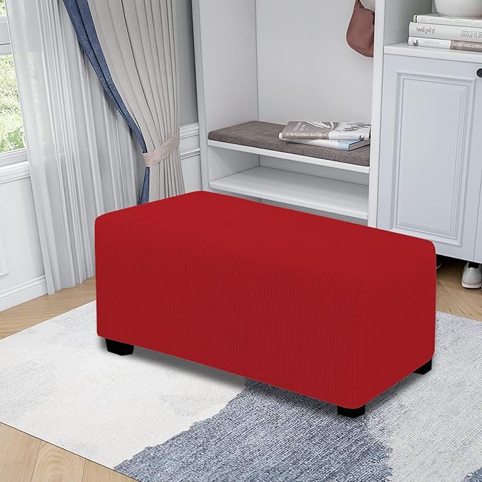 Easy-Going Stretch Ottoman Cover Folding Storage Stool Furniture Protector Soft Rectangle Slipcover with Elastic Bottom (Ottoman Large, Christmas Red)