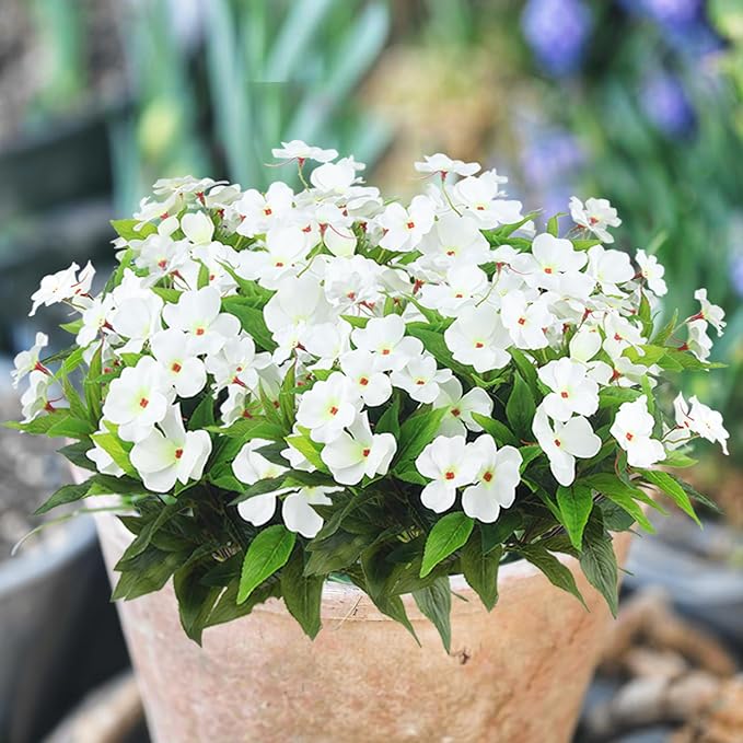 4 Pcs Artificial Flowers Outdoor Impatiens UV Resistant Silk Impatiens Flowers White Faux Flowers Impatiens Bushes Artificial Impatiens for Pot Patio Lawn Garden Hanging Basket Porch Decor