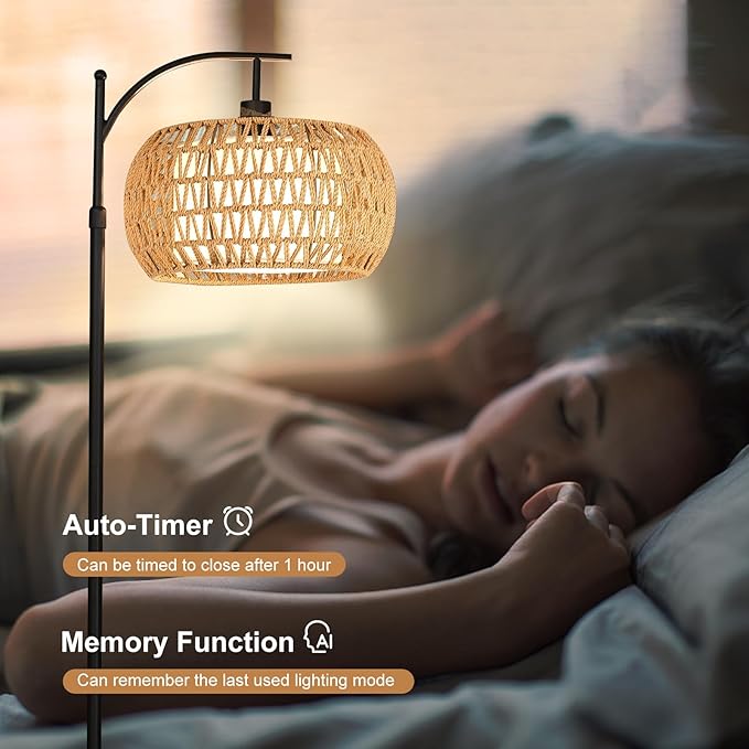 Boho Rattan Floor Lamps for Bedroom with 3 Color Temperatures, 75'' Farmhouse Arc Floor Lamp Adjustable Height with Shades/Remote Control/12W LED Bulb/360° Rotatable for Living Room, Office