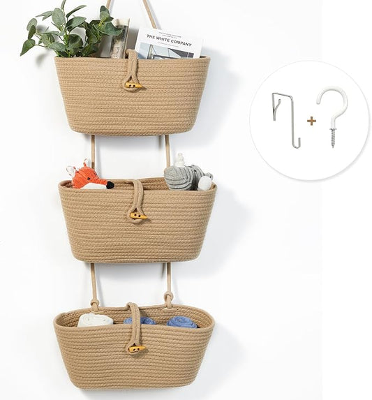 DULLEMELO Hanging Baskets for Organizing, Jute 3-Tier Woven Hanging Wall Baskets for Storage, Decorative Hanging Storage Basket with Button Strap,Over The Door Basket with Door Hooks