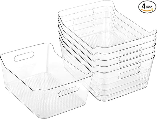 Tiawudi 4 Pack Plastic Storage Bins, X-Large Pantry Organizer, Clear Storage Containers and Organizer Bins, Multi-Use Bins for Home, Kitchen and Cabinet