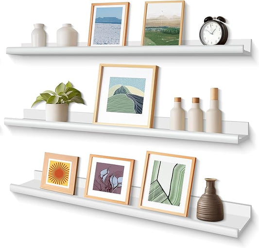 Annecy Floating Shelves Set of 3, 36 Inch White Rustic Wood Shelves for Wall, Wall Storage Shelves with Guardrail Design for Bedroom, Bathroom, Kitchen, Office, 3 Different Sizes