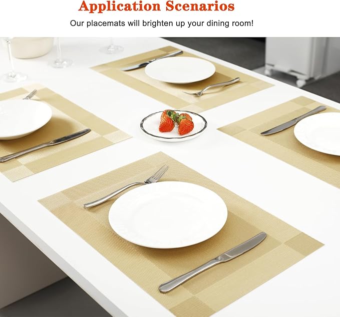 Placemats Set of 4,Washable,Heat and Stain Resistant Indoor/Outdoor Place mats, Vinyl Woven Non Slip Table Mats for Restaurant Table Protection, PVC Table Placemats.(Gold, 4PCS)