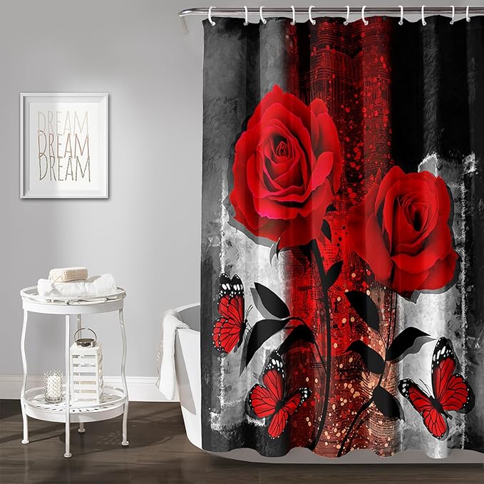 AILONEN Red Rose Shower Curtain for Bathroom, Romantic Rose Flower Bath Curtain,Grey Abstract Waterproof Floral Butterfly Print Shower Curtain Decoration with 12 Plastic Hooks, 36" W*72" H