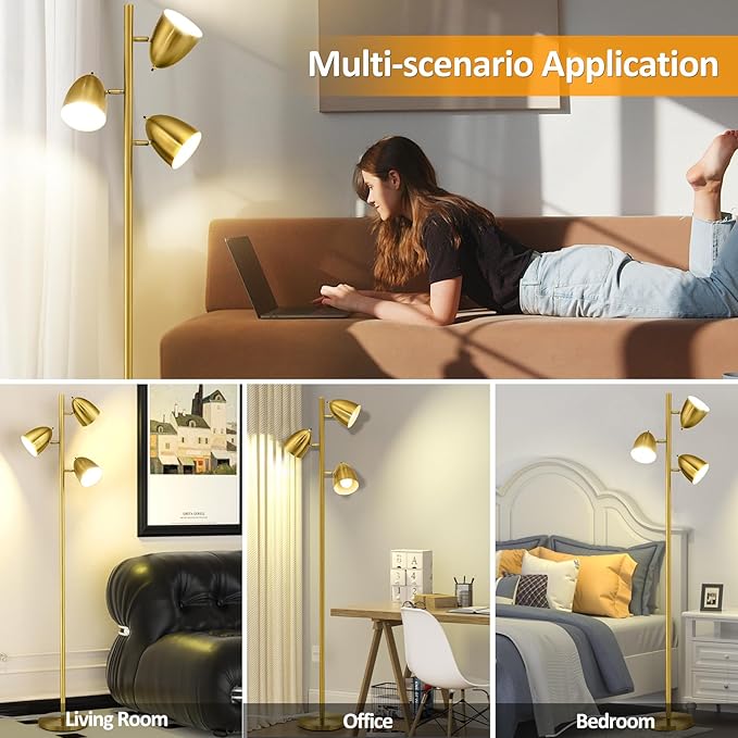 Tree Floor Lamp with 3 Light Bulbs Standing Tall Pole Lamps with Adjustable Metal Heads 65"Reading Stand up Lamps with E26 Base Modern Floor Lamps for Living Rooms, Bedrooms, Home, Office(Gold)