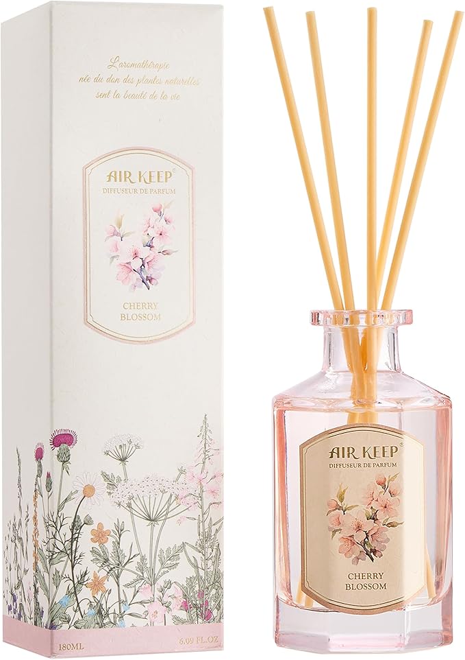 Airkeep Reed Diffuser Set-6.09 oz (180ml) Cherry Blossom Scented Diffuser with 8 Reed Sticks Home Fragrance Oil Diffuser for Bathroom Shelf Decor