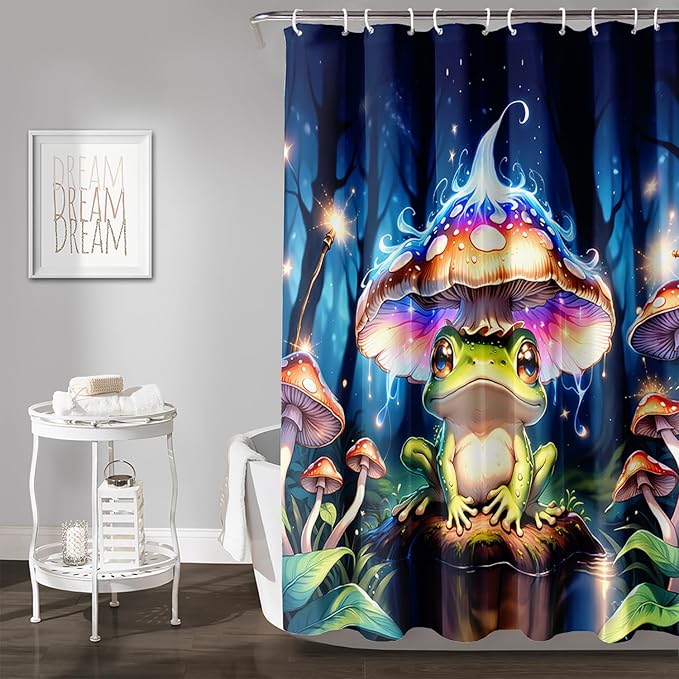 AILONEN Cartoon Frog Shower Curtain,Magic Mushroom Waterproof Fabric Bath Curtain for Kids Girls,Boho Style Tropical Amphibian Shower Curtain Set for Bathroom, 72" W*72" H