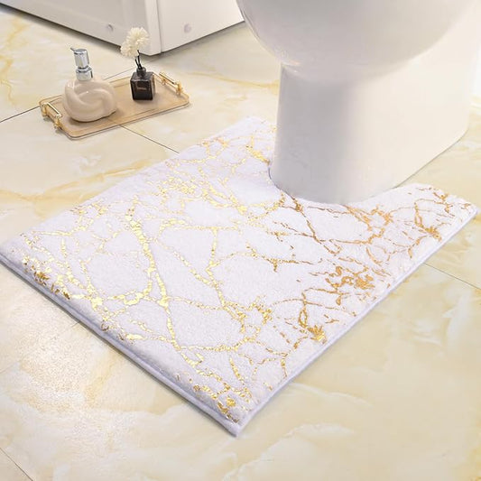 QJHOMO Toilet Rugs U Shaped White and Gold Bathroom Rugs, Gold Decor Toilet Mat Contour Bath Rug Marble Bathroom Accessories, Extra Thick Carpet Non Slip Floor Mats Machine Washable (20x20 inch)