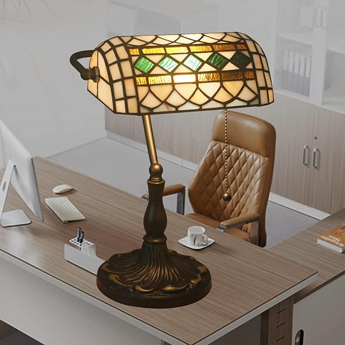 Tiffany Style Bankers Table Lamp Stained Glass Piano Desk Lamp Vintage Bedroom Bedside Lamp for Study,Antique Alloy Base,Zipper Switch,Green e