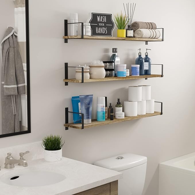 Wallniture Toledo Floating Bookshelf Set of 3, Wood Floating Shelves for Wall Storage, 36"x6" Long Wall Shelves for Living Room, Bathroom, Bedroom, Kitchen Pantry,Burnt Finish