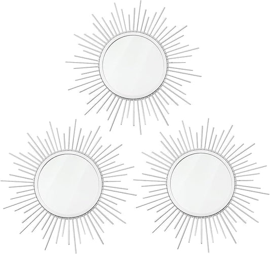 3 Pack Metal Mirrors for Wall Sunburst Wall Mirrors Home Décor Decorative Hanging Wall Art for Living Room Bedroom Entryway (Silver, Sunburst)