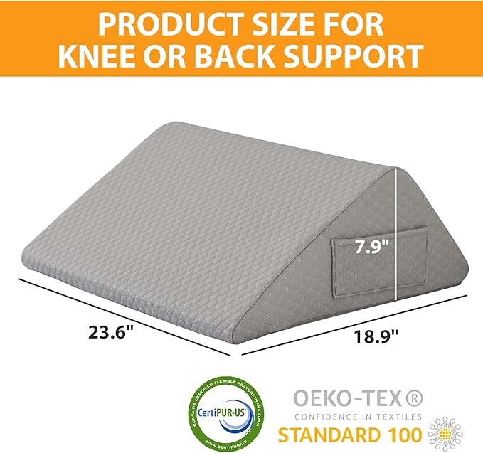 Knee Wedge Pillow, 8" Wedge Pillow for Knee Pain Relief, Premium Memory Foam Knee Pillow for Back Sleeping, Triangle Wedge Pillow for Leg Elevation, Back Pain, Sciatica, Hip Support, Grey