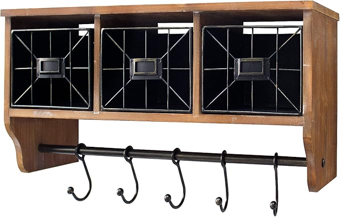 Coffee Bar Shelf with Baskets and Hooks, Wall Mounted Storage Hanging Coat Rack Shelf for Entrance, Bathroom, Living Room and Kitchen