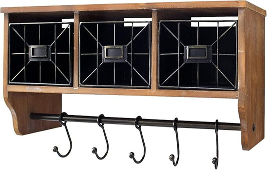 Coffee Bar Shelf with Baskets and Hooks, Wall Mounted Storage Hanging Coat Rack Shelf for Entrance, Bathroom, Living Room and Kitchen