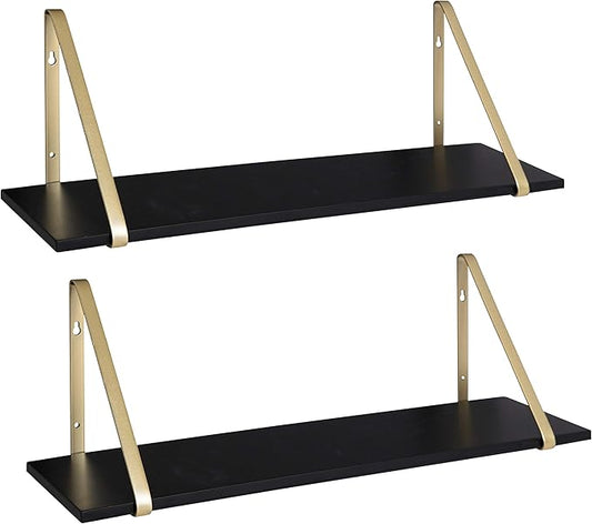 Kate and Laurel Soloman Black Wooden Shelves with Gold Metal Brackets, 2 Piece Set