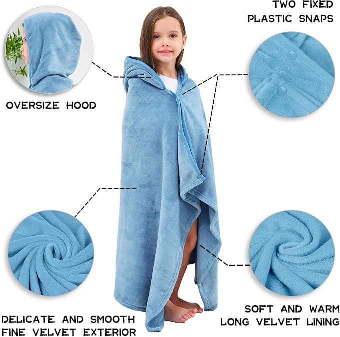 Hiturbo 2Pcs Kids Fleece Hooded Towel: Soft Plush Warm Blanket - 50"x30" Pool Beach Bath Swim Towel Wrap for 3-12 Yrs (Blue)
