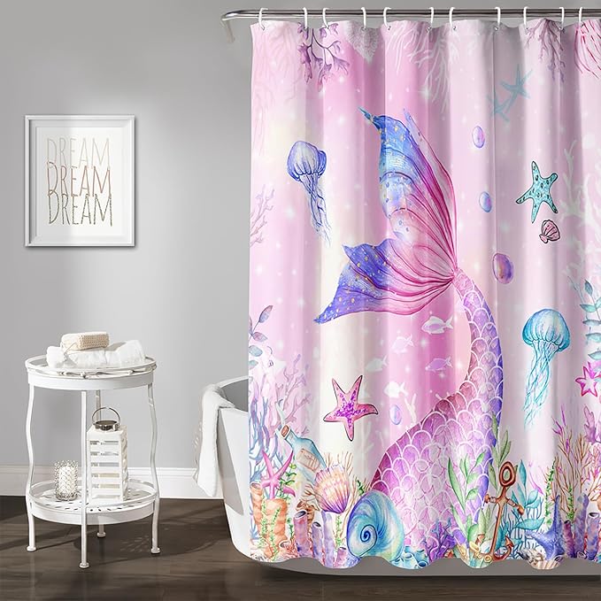 AILONEN Mermaid Shower Curtain for Kids Women Girls, Pink Ocean Coral Jellyfish Coast Bathroom Curtain,Mermaid Tail Print Bath Curtain 72" W*78" H Polyester Waterproof Shower Curtain with 12 Hooks