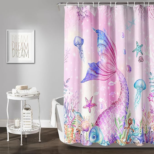 AILONEN Mermaid Shower Curtain for Kids Women Girls, Pink Ocean Coral Jellyfish Coast Bathroom Curtain,Mermaid Tail Print Bath Curtain 72" W*78" H Polyester Waterproof Shower Curtain with 12 Hooks