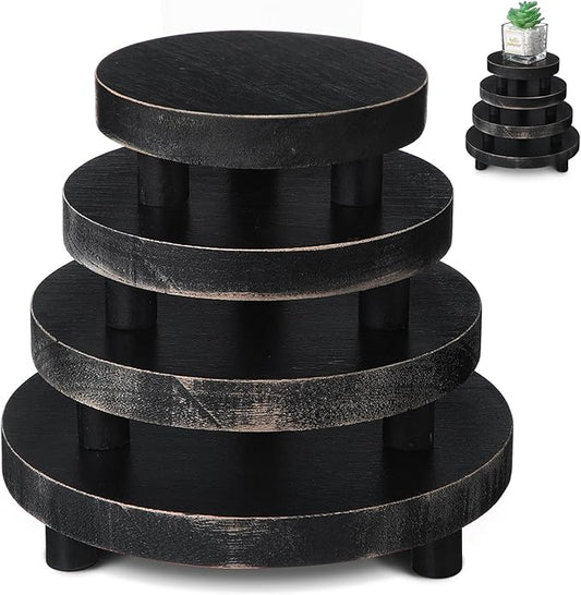 Geetery 4 Pcs Wooden Risers for Display Wood Pedestal Stand Mini Tray Stand Round Wooden Pedestal Holder Rustic Riser for Decor Tiered Tray Decor Home Kitchen, 4 Size(Black)