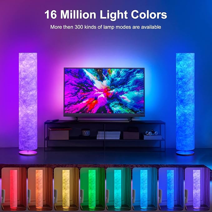 LED Soft Light Floor Lamp, 52" Simple Design Morden Slim RGB 16 Color Changing Tyvek Fabric Shade Dimmable Remote Control & 2 Smart LED Bulbs Standing Lamp for Living Room Bedroom Game Room