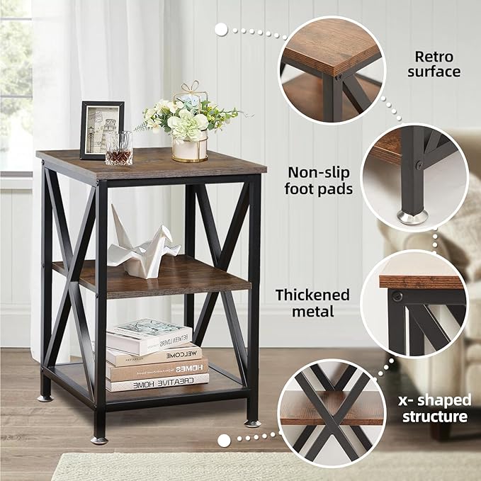 End Tables Living Room Set of 2, 16" D x 16" W x 24" H, Indoor End Tables Living Room with Storage Shelf, Square End Table Set of 2, X-Shaped Night Stands for Bedroom, Farmhouse Wood Side Tables