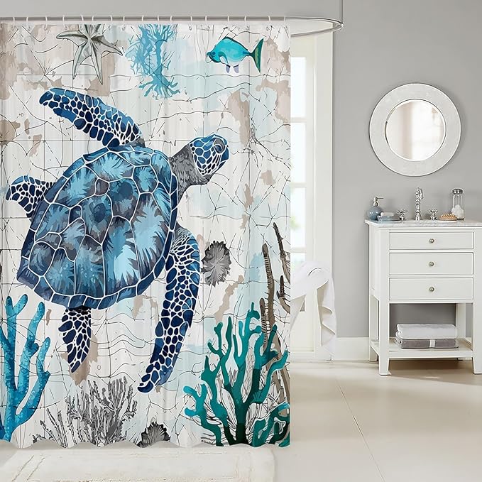 Feelyou Sea Turtle Shower Curtain Ocean Theme Fabric Shower Curtain for Kids Boys Girls Nautical Bathroom Waterproof Accessories with 12 Hooks Ocean Creature Curtains,72x72 Inches
