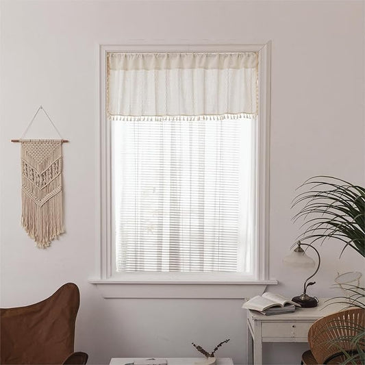 Sutuo Home Boho Valance Curtains 18 inches for Kitchen Cafe Dining Room, Short Farmhouse Vintage Tassels Window Treatment Bohemian Stripe Embroidery Drape, Rod Pocket 1 Panel 52" W x 18" L, White