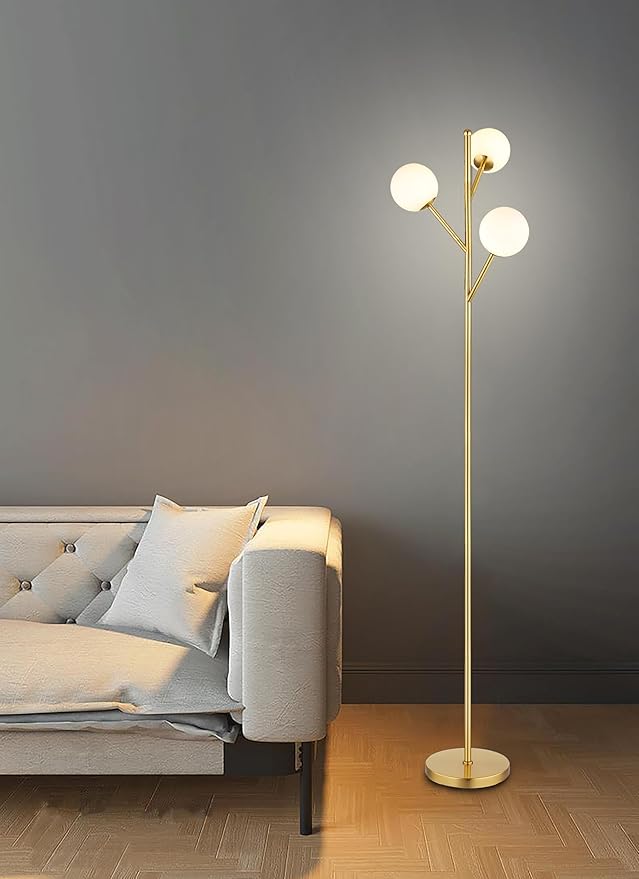 3-Globe Mid Century Tree Floor Lamp and Bulbs Included,70in Tall Standing Glod Floor Lamp with Frosted Glass Shade for Living Room Office Bedroom, Study Room, Hotel, Antique Brass Lighting