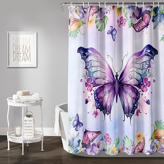 AILONEN Butterfly Shower Curtain for Bathroom, Purple Butterfly Bath Curtain Decor,Modern Printed Waterproof Shower Curtain with 12 Plastic Hooks (Kids/Girls/Women/Teen/) 72" W*96" H