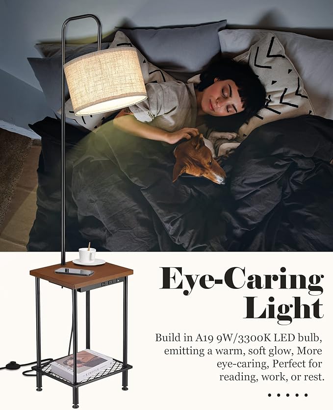 ELYONA Industrial Table Floor Lamp, Solid Wood End Table lamp with USB Type-C Charging Port & Power Outlet, Side Table Shelf Tall Pole Standing Light for Living Room,Bedroom,LED Bulb Included, Brown