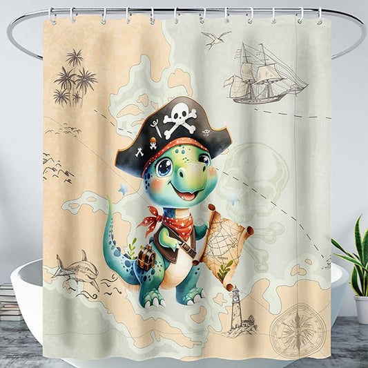AILONEN Cute Dinosaur Shower Curtain,Ocean Map Nautical Pirate Dinosaur Bath Curtain,Boys Exploring Captain Dinosaur Decoration Kids Curtain with 12 Plastic Hooks,Waterproof 48" W*72" H