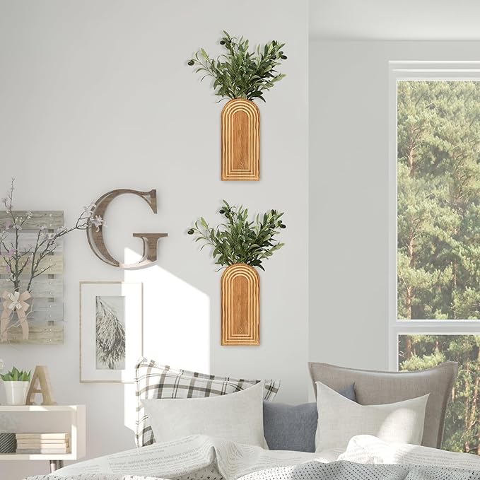 2 Pack Wall Decor Wood Planters for Indoor Plants, Modern Planter Bathroom, Living Room, Kitchen Decor, Farmhouse Vase Dried Flowers and Faux Greenery(Rustic Brown)