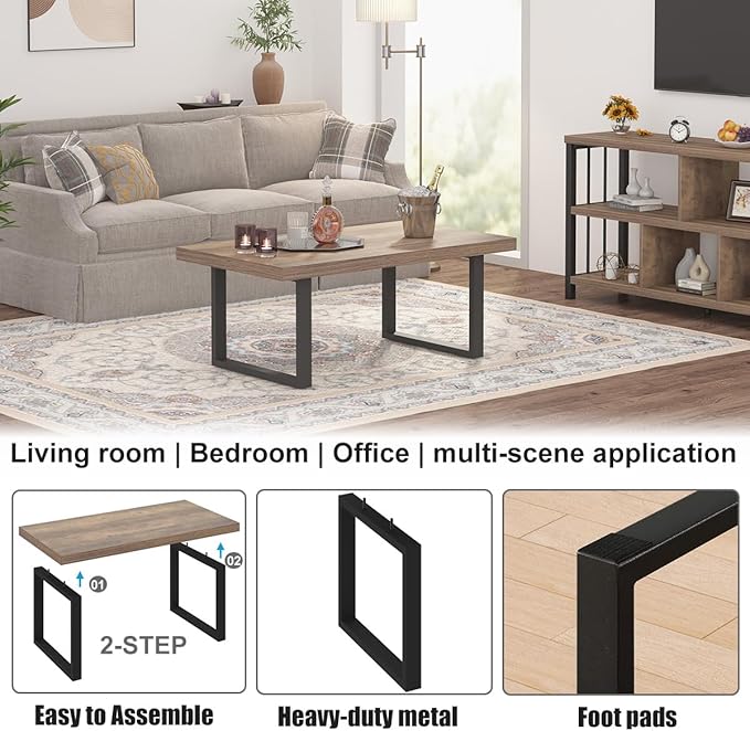 IBF Farmhouse Coffee Table, Modern Simple Wood Coffee Tables for Living Room, Industrial Minimalist Rectangle Center Table, Wood and Metal Tea Coffee Table for Home Office Bedroom, Rustic Oak, 39 in