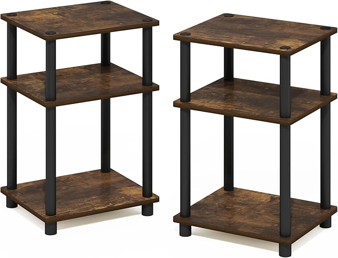Furinno Just 3-Tier Turn-N-Tube End Table, 2-Pack, Amber Pine/Black