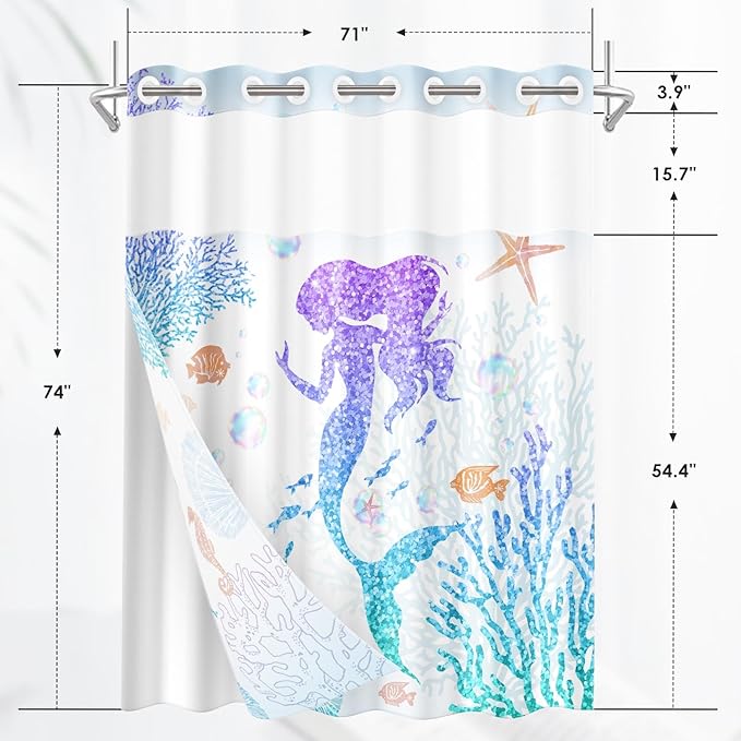 Mermaid Glitter No Hook Shower Curtain with Snap in Liner, Coral Starfish Seashell Underwater Bath Curtain with Double Layers Waterproof Fabric and Mesh Top Window 71x74 Inch