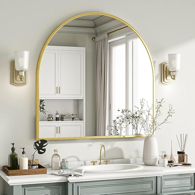 Arched Wall Mirror, 31 x 32 inch Arch Bathroom Mirror, Wall Mounted Vanity Mirror with Arch Metal Frame, Modern Bathroom Vanity Mirror for Bedroom, Living Room, Hanging or Leaning, Gold