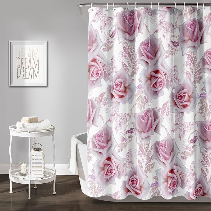 AILONEN Girls Rose Shower Curtain 72" W*96" H, Pink Rose Shower Curtain with 12 Hooks,Waterproof Floral Shower Curtain for Bathroom,Romantic Flower Pink Shower Curtain